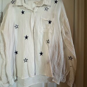 White Button-Up Shirt with Blue Star Embroidery